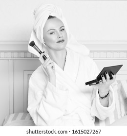 Veautiful Lady Making Makeup In The Morning, Wearing Bath Towel. Healthy Sin, Happy Female. Skincare Facial Treatment Concept. Black And White