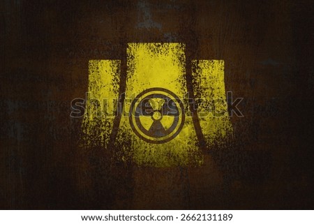 Vector banner on the theme of nuclear war, disaster at the nuclear power plant with a sign of radiation danger on the background of pixels simulating contamination and a cityscape. No AI is used.