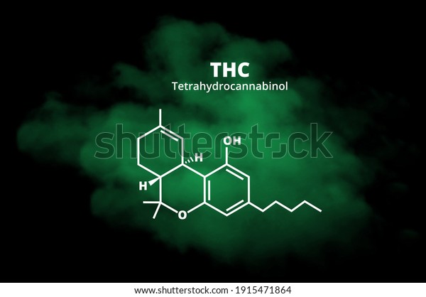 Vector chemical structural formula of\
tetrahydrocannabinol – THC in the green transparent cloud made of\
smoke on a black background. Chemical design with cannabis Sativa,\
cannabis Indica,\
marijuana.