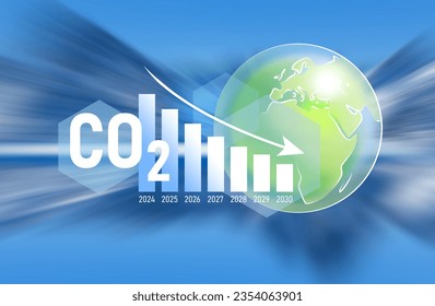 Vector falling diagram of reducing CO2 emission, planet Earth drawing. Motion blur of blue snowy mountains on background.