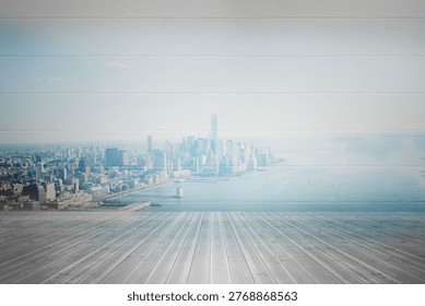 Vector flat design scene is showing wooden deck overlooking river and skyline with central tower. Harbor, skyline, waterfront, urban, scenic, modern, architecture