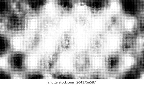 Vector halftone background with irregular grunge dot texture. Abstract distorted pattern with black gradient spots on white backdrop.