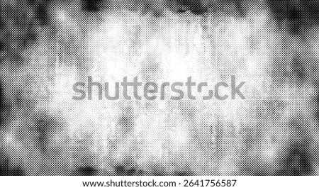 Vector halftone background with irregular grunge dot texture. Abstract distorted pattern with black gradient spots on white backdrop.