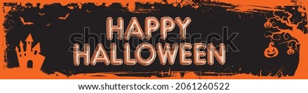 The vector Halloween web banner billboard size orange grungy border template background with bats, pumpkin and castle house 