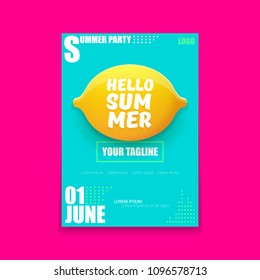 Vector Hello Summer Beach Party vertical A4 poster Design template with fresh lemon isolated on azure background. Hello summer concept label or flyer with orange fruit and typographic text. - Shutterstock ID 1096578713