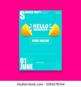 Vector Hello Summer Beach Party vertical A4 poster Design template with fresh lemon isolated on azure background. Hello summer concept label or flyer with orange fruit and typographic text. - Shutterstock ID 1096578764
