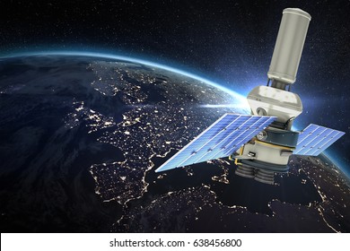 Vector image of 3d modern solar power satellite against aerial view of the earth