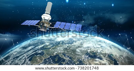 Vector image ofÂ 3d modern solar satellite against space view of planet earth