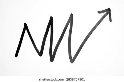 Vector of pointer arrow. Hand painted, hand draw sketchy curve arrow black marker pen arrow sign on paper isolated on white background. Handrawn arrow with black marker on white background. Top view