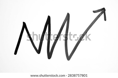 Vector of pointer arrow. Hand painted, hand draw sketchy curve arrow black marker pen arrow sign on paper isolated on white background. Handrawn arrow with black marker on white background. Top view