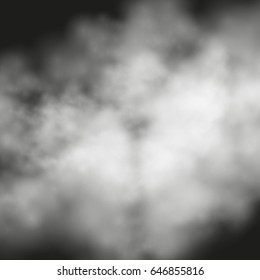 Vector realistic cloud on dark transparent background. Mist, fog, haze smog object. Natural Phenomenon element. Poster, banner, print advertisement design - Shutterstock ID 646855816