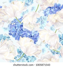Vector seamless pattern with blue and white hydrangea flowers on blue background. Floral design for cosmetics, perfume, beauty care products. Can be used as greeting card, wedding invitation - Shutterstock ID 1005871543