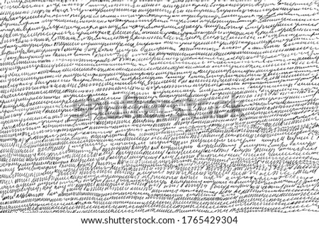 Vector textures, pattern with handwritten scribbles imitating text. Black and white background with blobs and ink stains in retro style. Vector illustration. Overlay template.