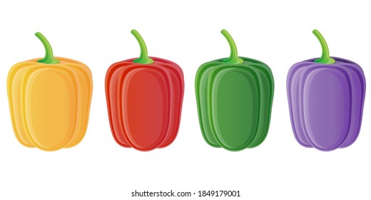 Vector yellow, red, green and violet Bell pepper icon set isolated on white background. Sweet Bulgarian Bell pepper collection. Cooking ingredient design elements - Shutterstock ID 1849179001