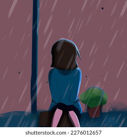 Vector-style image of animation girl wacthing the rain