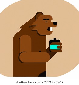 Vector-style image of grizzly bear drinking coffee