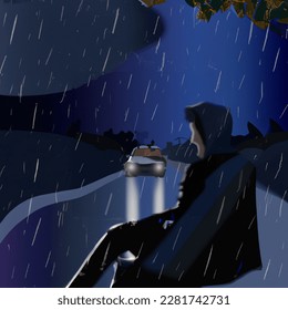 Vector-style image of one man outside the car and one man on car on the stormy night
