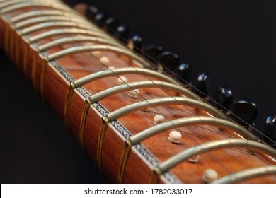 Veena Indian Musical Instrument Close Up Photo. Frets In Veena