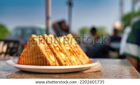 Veg grilled sandwich served with ketchup, isolated over a rustic wooden background, selective focus