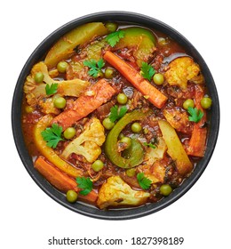 Veg Kolhapuri In Black Bowl Isolated On White. Indian Vegetable Curry Dish. Vegetarian Asian Food And Meal.