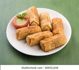 Veg Spring Rolls with mint leaf and green chutney or Tomato Ketchup. Selective focus