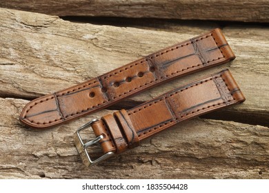 Veg tanned alligatot embossed leather watch strap hand made 