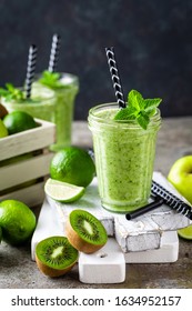 Vegan Antioxidant Green Smoothie, Organic Cocktail With Fresh Kiwi Fruit, Apple, Lime And Mint, Healthy Food, Vegetarian Detox Diet