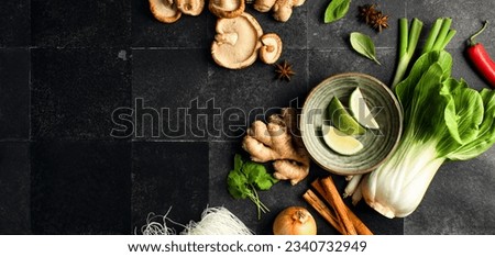 Vegan Asian noodle soup Pho ingredients background with a copy space