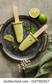 Vegan Avocado Ice Cream With Lime Juice And Coconut Milk Is On A Metal Tray, Flatlay Topview