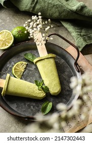 Vegan Avocado Ice Cream With Lime Juice And Coconut Milk Is On A Metal Tray