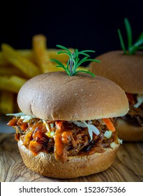 Vegan BBQ Sliders With French Fries In The Background. Dark Background, Close Up.