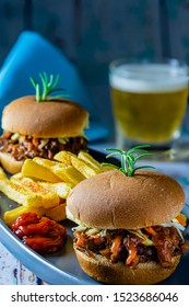 Vegan BBQ Sliders With Fried Potatoes, Ketchup And Beer