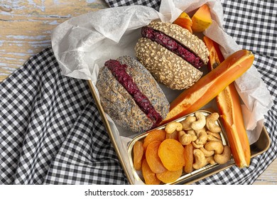 Vegan Boxed Food Take Away From Above. Healthy Food Concept. Flat Lay