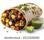 Vegan Breakfast Burrito with A burrito stuffed with scrambled tofu, black beans, avocado, and salsa.