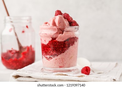 Vegan Breakfast Raspberry Smoothie (ice Cream) With Berry Jam In A Jar. Plant Based Diet Concept.