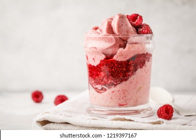 Vegan Breakfast Raspberry Smoothie (ice Cream) With Berry Jam In A Jar. Plant Based Diet Concept.