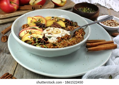 Vegan Buckwheat Porridge With Caramelized Apple, Spiced Maple Syrup, Roasted Pumpkin Seeds And Pecans.