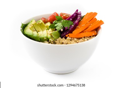 Vegan Buddha bowl with fresh raw vegetables and quinoa isolated on white background. 