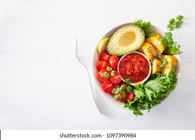 Vegan Buddha Bowl. Healthy Lunch Bowl With Avocado, Tomato, Sweet Corn And Salsa