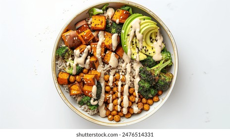 Vegan Buddha Bowl. A hearty bowl with a base of brown rice or quinoa, topped with roasted sweet potatoes, chickpeas, steamed broccoli, avocado, and a drizzle of tahini sauce