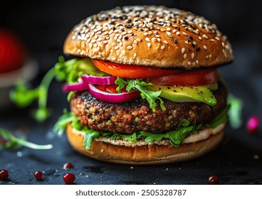 Vegan burger with plant-based patty and avocado on a wooden board, styled food presentation, overhead shot, natural light, contemporary aesthetic. - Powered by Shutterstock