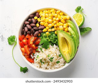 Vegan Burrito Bowl, A bowl filled with rice, black beans, corn, avocado, and a spicy salsa.