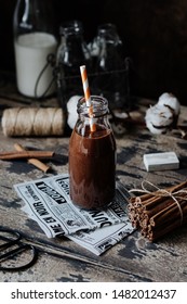 Vegan Cacao Date Banana Smoothie on a Rustic Background, slective focus - Shutterstock ID 1482012437