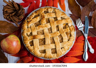 Vegan Caramel Apple Pie With Fall Leaves In A Thanksgiving Setting