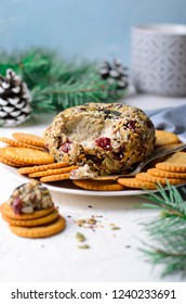 Vegan Cheese Ball Appetizer Served With Crackers, Hummus Or Nut Butter Spread