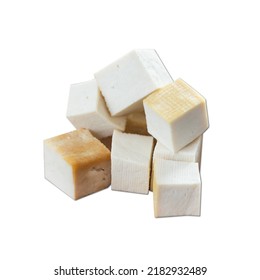 Vegan Cheese Cube Tofu Served In A Dish Isolated On Plain White Background Side View