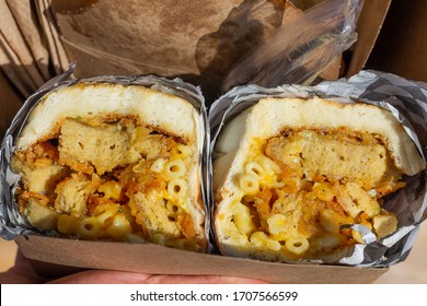 A Vegan Chicken Hoagie With Mac And Cheese On It. All Plant Based. 