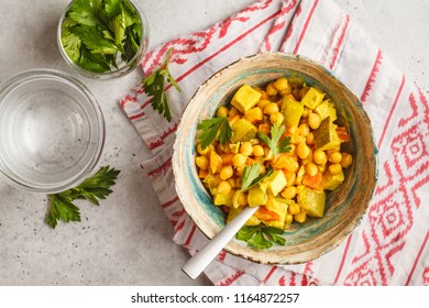 Vegan Chickpea Curry Vegetables With Coconut Milk And Coriander. Clean Eating Concept.