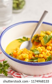 Vegan Chickpea Curry Vegetables With Coconut Milk And Coriander. Clean Eating Concept.