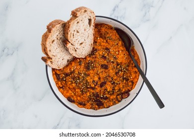 Vegan Chilli Sin Carne With Black Beans And Red Lentils In Spicy Tomato Sauce, Healthy Plant-based Food Recipes